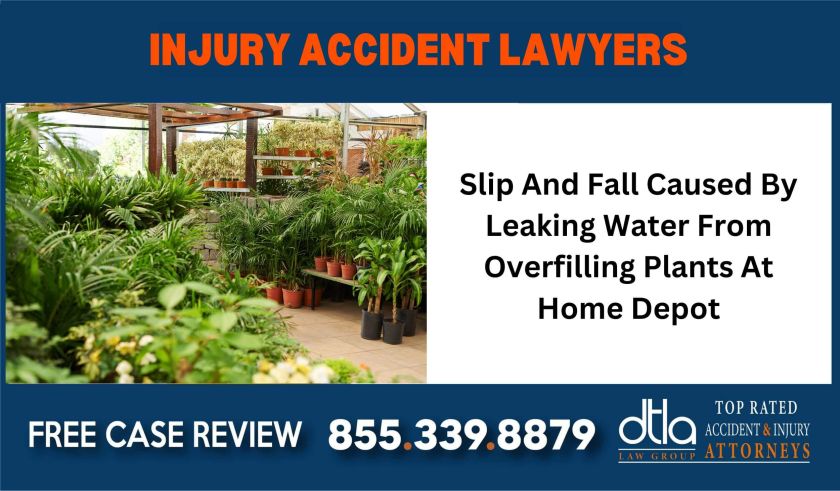 Slip And Fall Caused By Leaking Water From Overfilling Plants At Home Depot sue liability lawyer attorney compensation